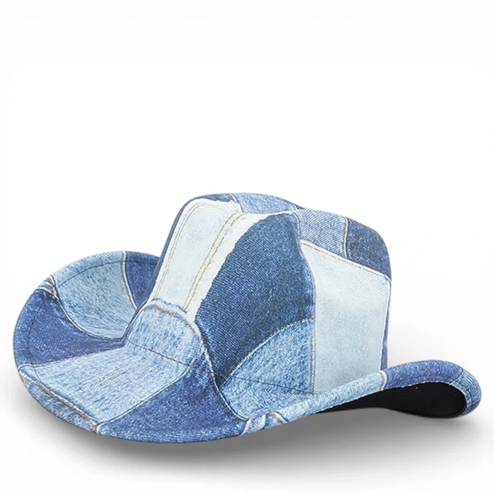 Blue Denim Patchwork Western Cowboy Fedora Hat